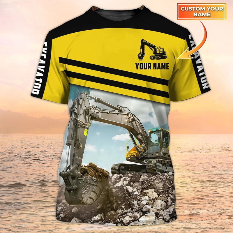 Heavy Equipment Pictures - เสื้อยืดผู้ชายแฟชั่นฤดูร้อนใหม่ล่าสุด พิมพ์ลาย 3D รถขุดหนัก พร้อมชื่อส่วนตัว 1